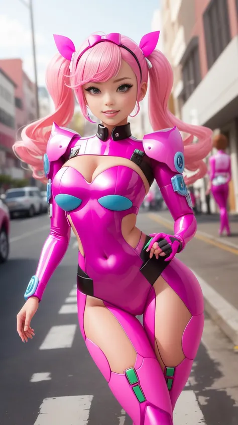 Pink colored <lora:BarbieCore:0.8> BarbieCore person clad in a suit entirely made from brightly coloured duct tape, (shiny plastic:0.8), (pink plastic:0.9), anime style