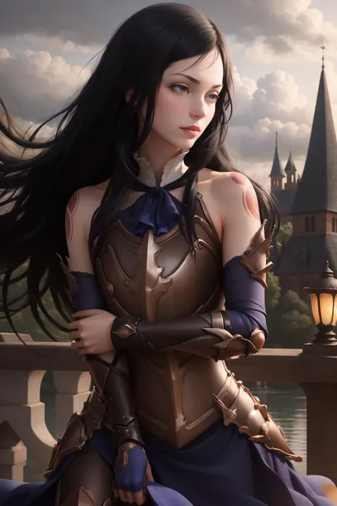 masterpiece, best quality, shanoa, armor, blue dress, detached sleeves, upper body, hand on own arm, castle, gothic architecture, night, dark, (tattoo:1) <lora:shanoa-nvwls-v2-000012:0.9> <lora:concept_handonownarm-11:1.4>