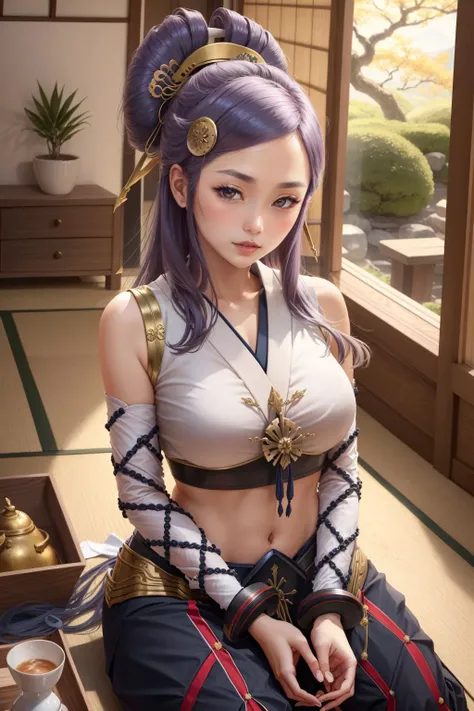 masterpiece, best quality, orochi, hair ornament, white crop top, detached sleeves, bracelets, black pants, seiza, hands on own lap, looking at viewer, japanese house, room, japanese architecture <lora:orochi-nvwls-v1-000012:0.9>