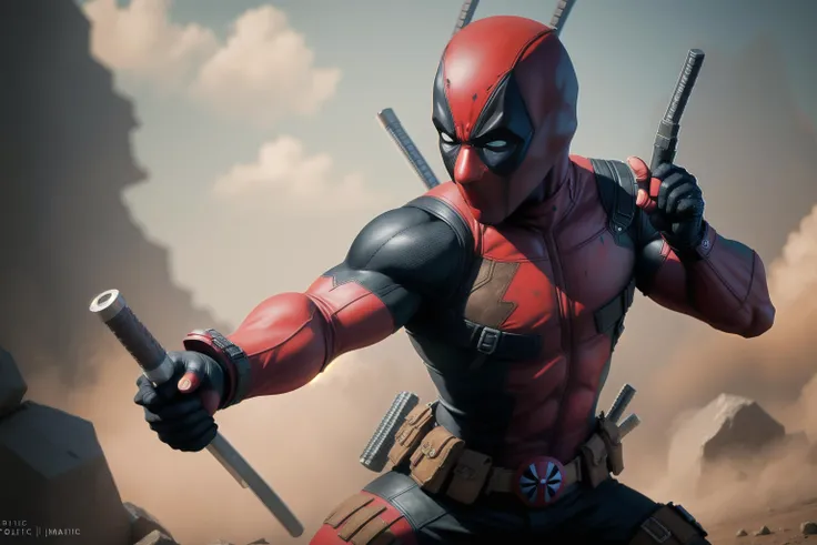 solo, masterpiece, best quality, medium shot of Deadpool fighting stance, dynamic angle