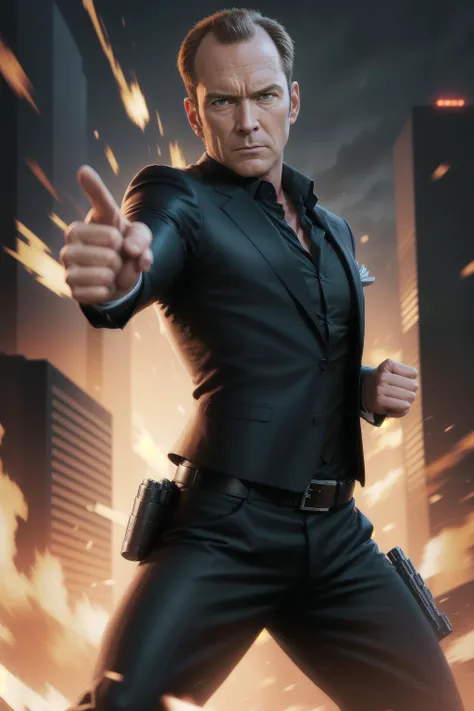 solo, masterpiece, best quality, medium shot of Agent Coulson, marvel, fighting stance, dynamic angle