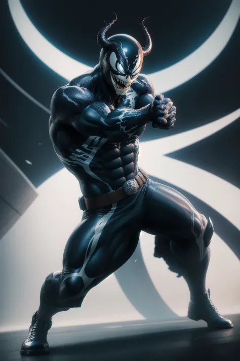 solo, masterpiece, best quality, medium shot of Venom, marvel, fighting stance, dynamic angle
