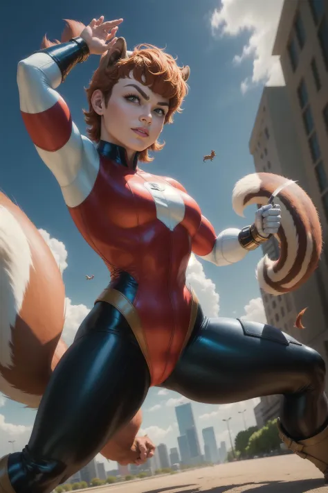 solo, masterpiece, best quality, medium shot of Squirrel Girl, marvel, fighting stance, dynamic angle