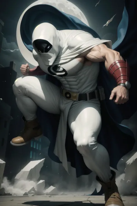 solo, masterpiece, best quality, medium shot of Moon Knight, marvel, fighting stance, dynamic angle