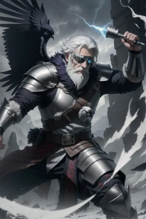 solo, masterpiece, best quality, medium shot of Odin old man god, eyepatch one eye, big white beard, metallic dark shiny armor. Raven pet animal. Lightning magic fighting stance, dynamic angle