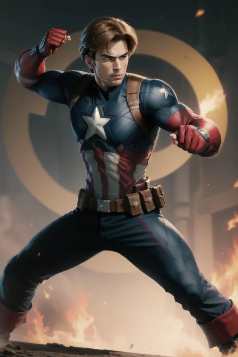 solo, masterpiece, best quality, medium shot of Captain America, marvel, fighting stance, dynamic angle