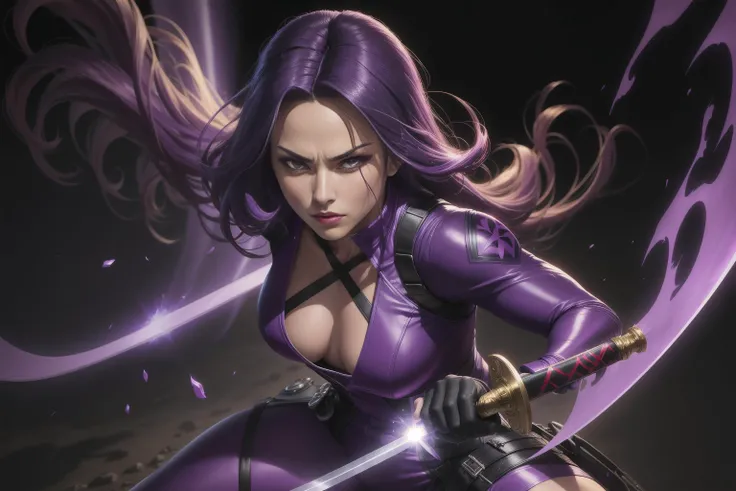 solo, masterpiece, best quality, medium shot of Psylocke purple suit, purple magical powers, magic coming from eyes and magical sword fighting stance, dynamic angle