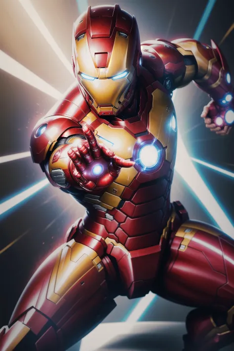 solo, masterpiece, best quality, medium shot of Iron Man, marvel, fighting stance, dynamic angle