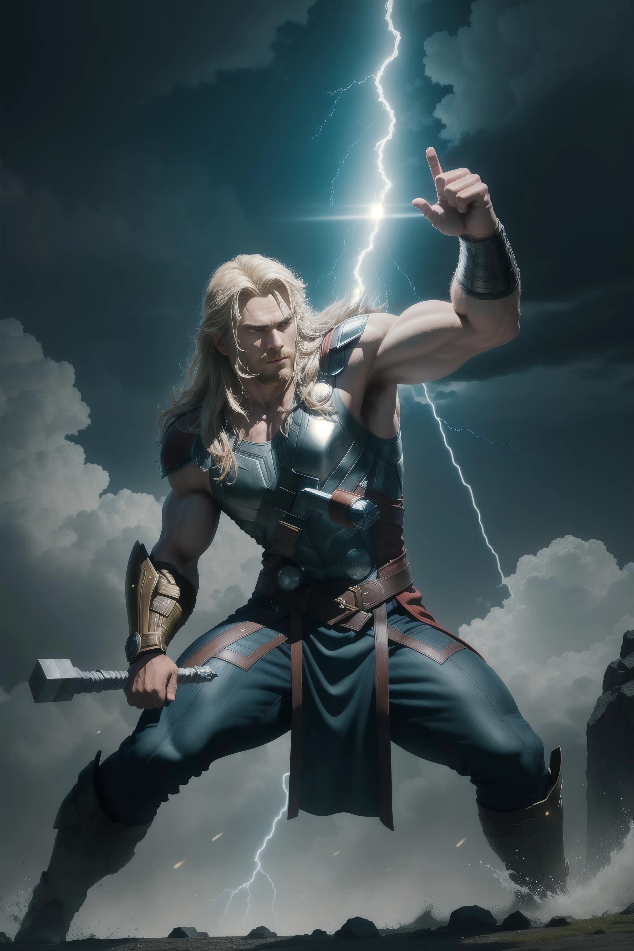 solo, masterpiece, best quality, medium shot of Thor God of thunder, lightning magic, Mjlnir hammer weapon, marvel, fighting stance, dynamic angle