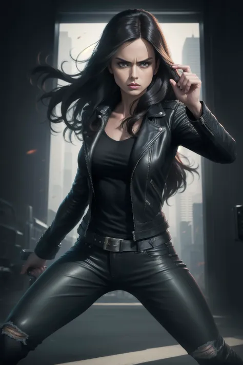 solo, masterpiece, best quality, medium shot of Jessica Jones private investigator, long black hair, tough pose, leather jacket, jeans fighting stance, dynamic angle