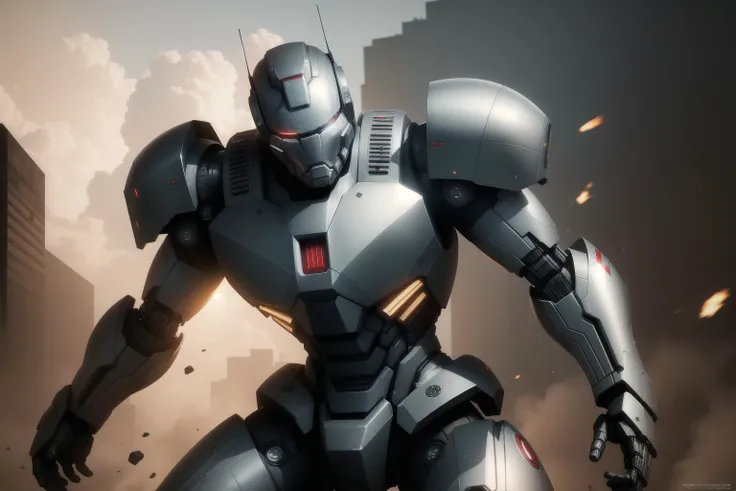 solo, masterpiece, best quality, medium shot of War Machine metallic much robotic suit fighting stance, dynamic angle
