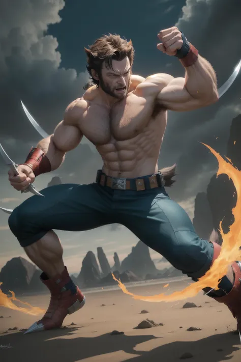 solo, masterpiece, best quality, medium shot of Wolverine with triple claw blades from his hands extended, marvel, fighting stance, dynamic angle