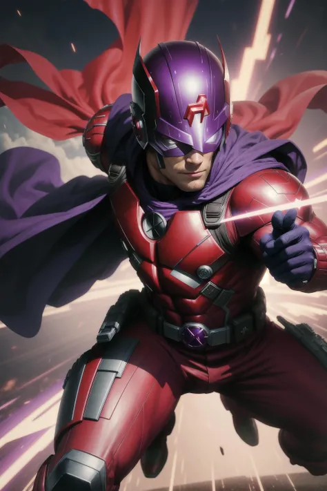 solo, masterpiece, best quality, medium shot of Magneto red suit with purple details, metallic helmet visor protecting head, purple cape, marvel, fighting stance, dynamic angle