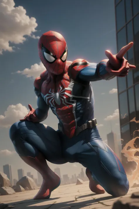 solo, masterpiece, best quality, medium shot of Spider-Man, marvel, fighting stance, dynamic angle