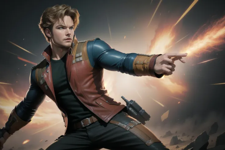 solo, masterpiece, best quality, medium shot of Star-Lord fighting stance, dynamic angle
