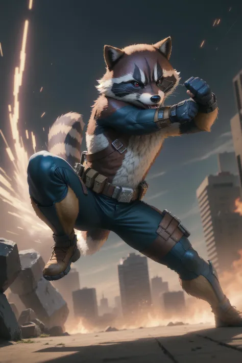 solo, masterpiece, best quality, medium shot of Rocket Raccoon, marvel, fighting stance, dynamic angle
