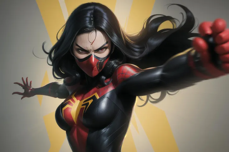 solo, masterpiece, best quality, medium shot of Spider-Woman Jessica drew black hair, black spider-woman suit with red details. Face covered. Yellow triangle shape on mask in forehead. fighting stance, dynamic angle