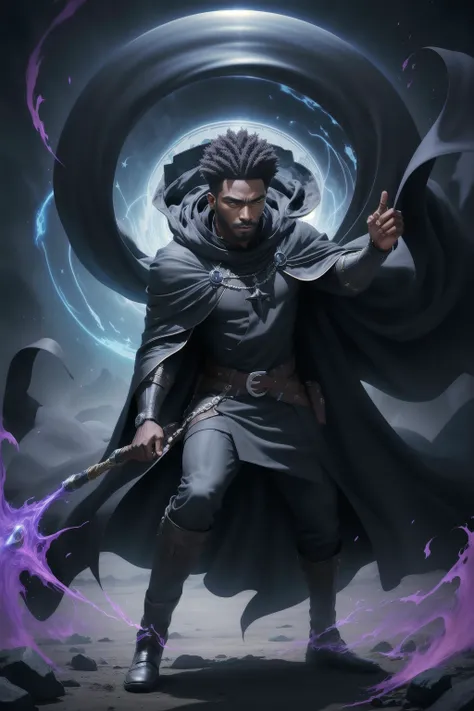 solo, masterpiece, best quality, medium shot of Cloak black guy with a dark cloak, big swirling shapes, mystical cloak with infinity inside, marvel, fighting stance, dynamic angle