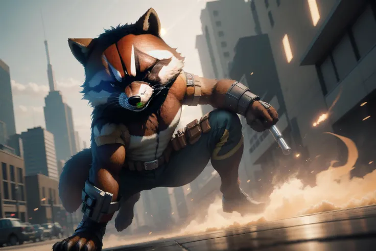 solo, masterpiece, best quality, medium shot of Rocket Raccoon fighting stance, dynamic angle