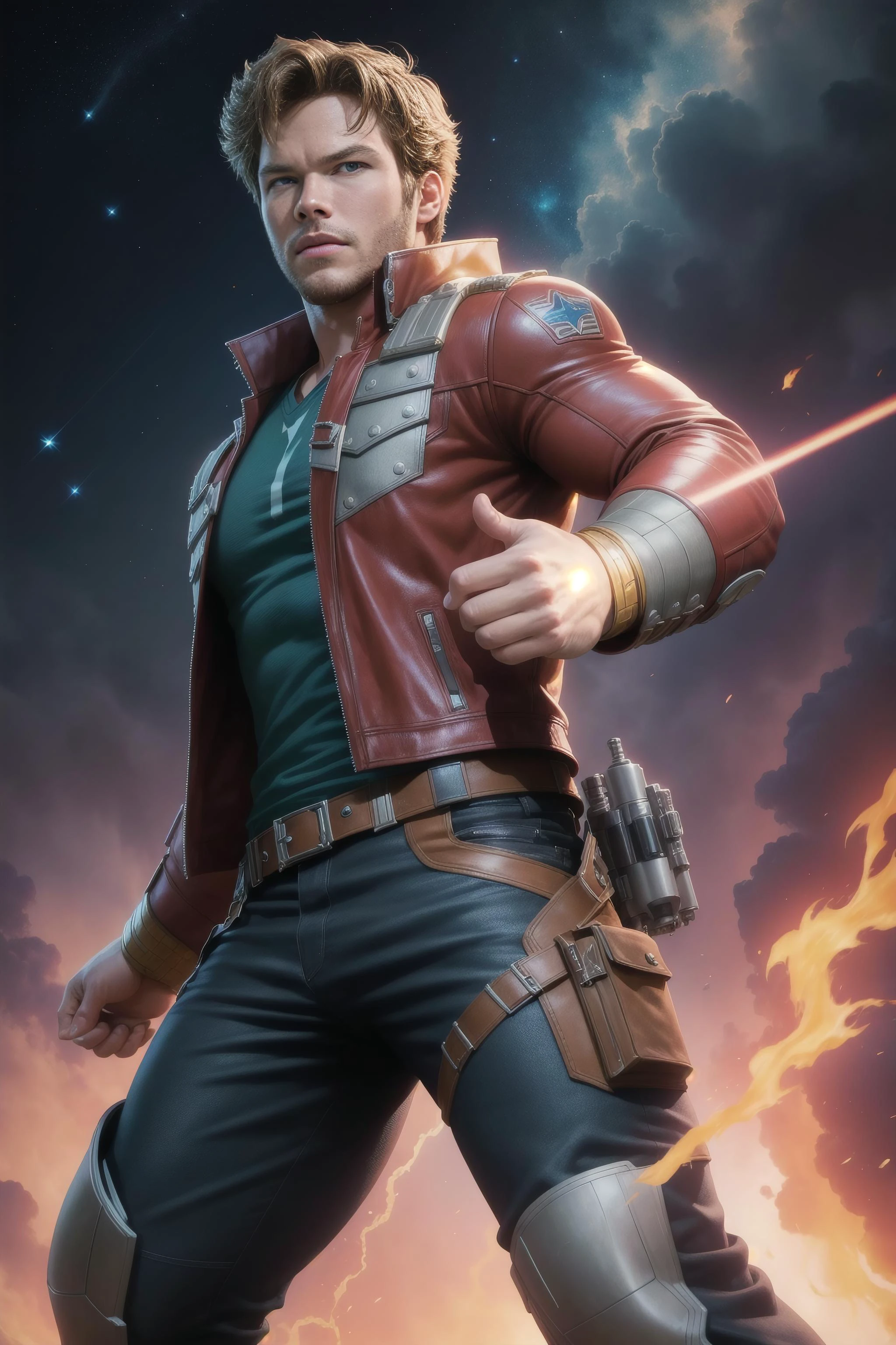 solo, masterpiece, best quality, medium shot of Star-Lord, marvel, fighting stance, dynamic angle
