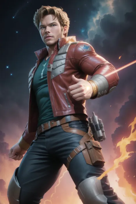 solo, masterpiece, best quality, medium shot of Star-Lord, marvel, fighting stance, dynamic angle