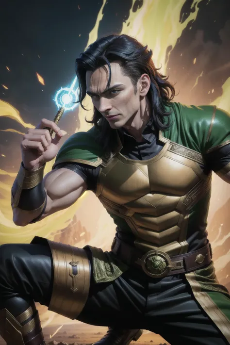 solo, masterpiece, best quality, medium shot of Loki god of mischief, marvel, fighting stance, dynamic angle