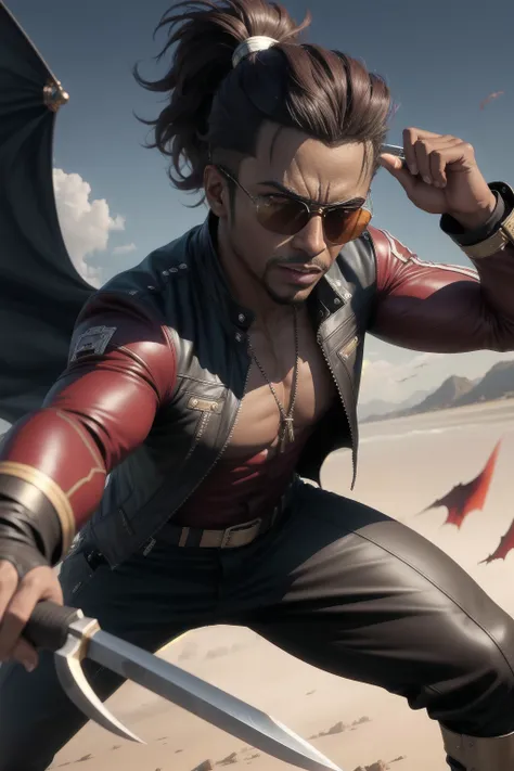 solo, masterpiece, best quality, medium shot of Blade vampire with sunglasses, brown skin, stake as weapon fighting stance, dynamic angle