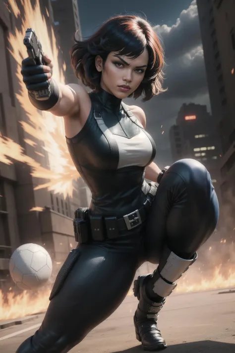 solo, masterpiece, best quality, medium shot of Domino, marvel, fighting stance, dynamic angle