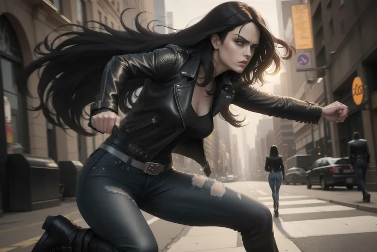 solo, masterpiece, best quality, medium shot of Jessica Jones private investigator, long black hair, tough pose, leather jacket, jeans fighting stance, dynamic angle