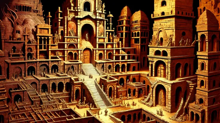 (Underground gnomes catacombs libraries scrolls:0.5) (Ruins ancient civilizations ruins statues relics:0.5) <lora:kLabyrinth:0.9>, intricate, detailed, ((Pale yellow color toned):0.3), masterpiece concept art