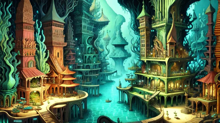 (Underwater mermaids coral reefs seashells seahorses:0.5) (Oasis nomads tents palm trees water:0.5) <lora:kLabyrinth:0.9>, intricate, detailed, ((Neon green color toned):0.3), masterpiece concept art