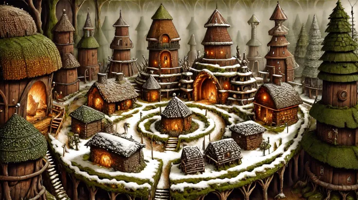 (Forest druids cottages totems moss:0.5) (Tundra hunters igloos reindeer furs:0.5) <lora:kLabyrinth:0.9>, intricate, detailed, ((Champagne color toned):0.3), masterpiece concept art