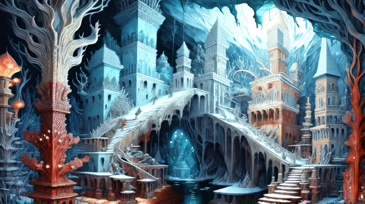 (Glacier ice nomads ice caves snowflakes:0.5) (Underwater mermaids coral reefs seashells seahorses:0.5) <lora:kLabyrinth:0.9>, intricate, detailed, ((Copper color toned):0.3), masterpiece concept art