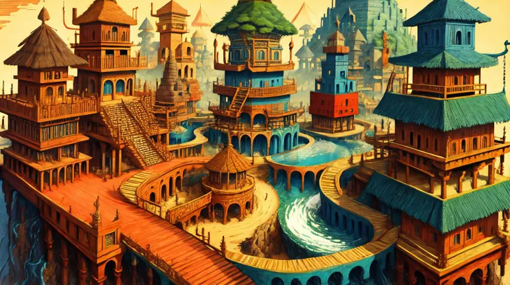 (Plains nomads yurts windmills wheat:0.5) (Jungle tribes treehouses temples idols:0.5) <lora:kLabyrinth:0.9>, intricate, detailed, ((Teal blue color toned):0.3), masterpiece concept art