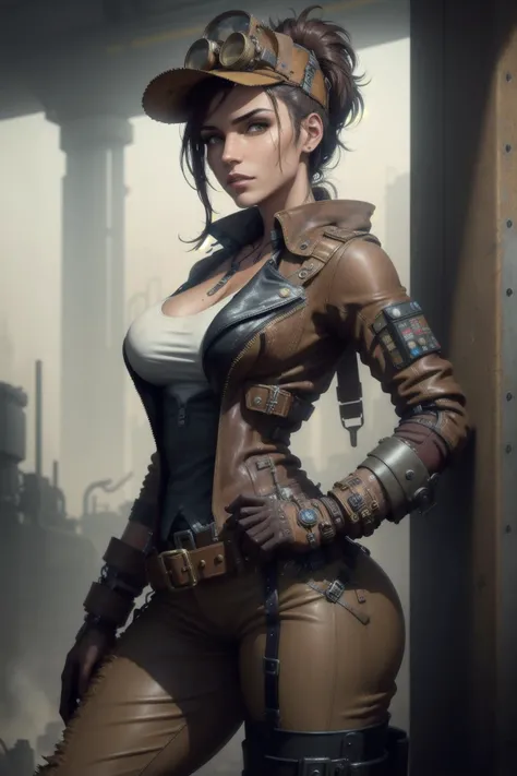 solo, masterpiece, best quality, perfect face, body shot of a steampunk mechanic girl wearing tan leather pants, sexy, dirty skin, buckles and straps, dirty metal, dystopian, dreary, apocalyptic, foggy, mechanical, industrial factory, (steampunk:1.2), intricate, busy