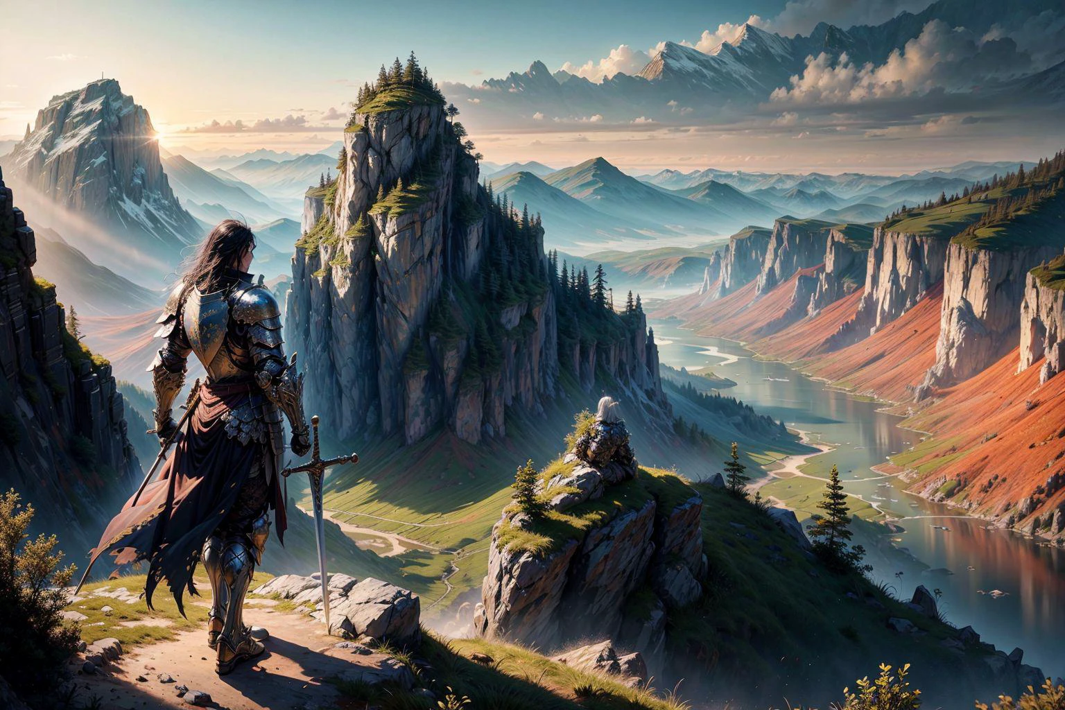 a knight standing on a cliff with a sword,
(weapon, armour, full armour),
mountains landscape in the background, river, sunrise, forest in the distance, summer time, fantasy style,
((masterpiece), (best quality), (ultra-detailed)) , <lora:details_more_details_butterfly:0.5>, <lora:knight:0.7>