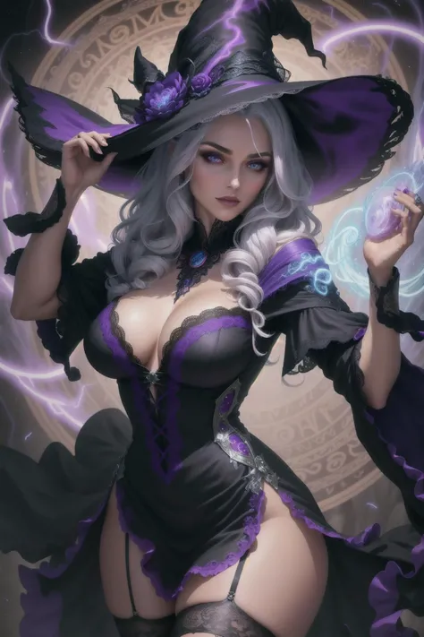 solo, masterpiece, best quality, perfect face, medium shot of a witch with curly silver hair under a witch hat, mystical sorceress, (surrounded by intense swirling energy:1.2), dominant and intimidating, sexy lace dress (black and violet), stockings, intricate and elegant, colorful, vivid