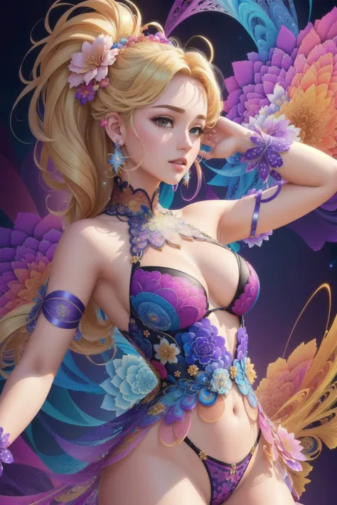 (best quality, masterpiece, official art, beautiful and aesthetic:1.2), 1girl, dynamic pose, particle, wind, flower, upper body, looking at viewer, blonde, lingerie, extremely detailed, (fractal art:1.2), colorful, (zentangle:1.2), (abstract background:1.5), (many colors:1.4), pixelated fragments, data corruption, colorful noise, visual chaos, (hair ornaments, earrings, flowers hair ornaments),