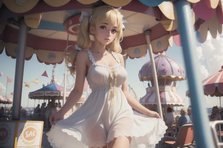 solo, masterpiece, best quality, medium shot of a cute European girl wearing a delicate lace sundress, blonde hair, hair ribbons, twin tails, (medium breasts), (Beach boardwalk, Amusement park, Ferris wheel, Carousel, Arcade, Roller coaster), bright