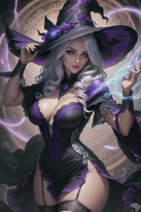 solo, masterpiece, best quality, perfect face, medium shot of a witch with curly silver hair under a witch hat, mystical sorceress, (surrounded by intense swirling energy:1.2), dominant and intimidating, sexy lace dress (black and violet), stockings, intricate and elegant, colorful, vivid