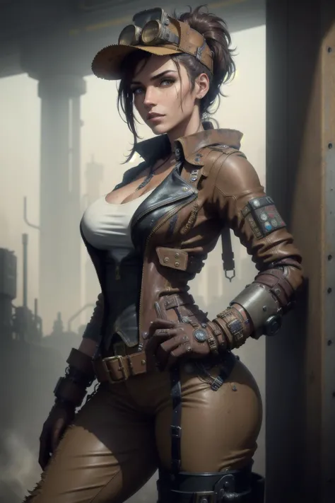 solo, masterpiece, best quality, perfect face, body shot of a steampunk mechanic girl wearing tan leather pants, sexy, dirty skin, buckles and straps, dirty metal, dystopian, dreary, apocalyptic, foggy, mechanical, industrial factory, (steampunk:1.2), intricate, busy