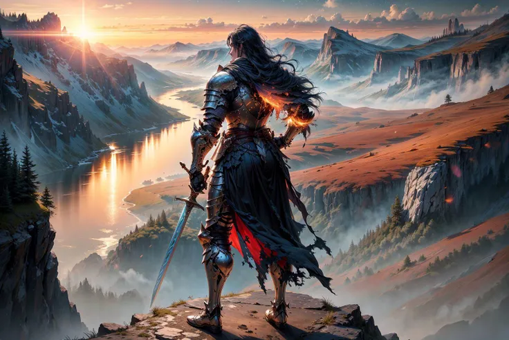 a knight standing on a cliff with a sword,
(weapon, armour, full armour),
mountains landscape in the background, river, sunrise, forest in the distance, summer time, fantasy style,
skies, stars, milkiway,
((masterpiece), (best quality), (ultra-detailed)) , <lora:details_more_details_butterfly:0.5>,  <lora:knight:0.7>