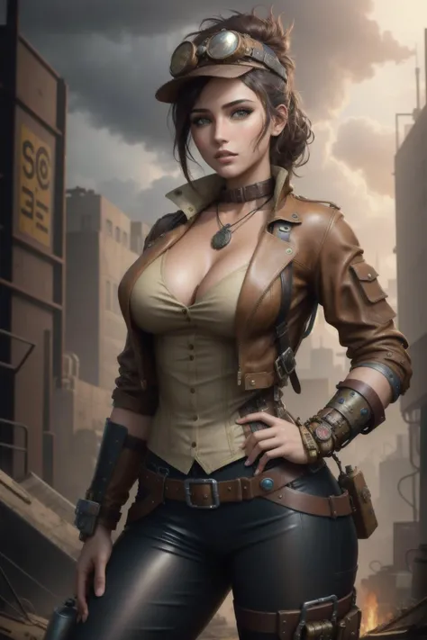 solo, masterpiece, best quality, perfect face, body shot of a steampunk mechanic girl wearing tan leather pants, dirty skin, buckles and straps, dirty metal, dystopian, dreary, apocalyptic, foggy, mechanical, industrial factory, (steampunk:1.2), intricate, busy