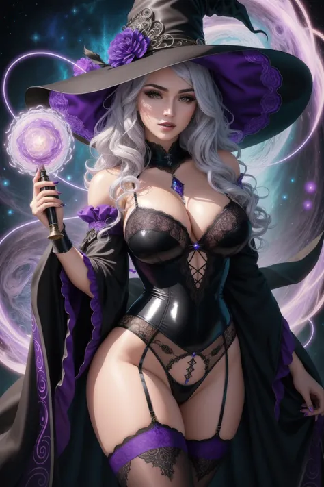 solo, masterpiece, best quality, perfect face, medium shot of a witch with curly silver hair under a witch hat, mystical sorceress, (surrounded by intense swirling energy:1.2), dominant and intimidating, sexy lace lingerie (black and violet), stockings, intricate and elegant, colorful, vivid