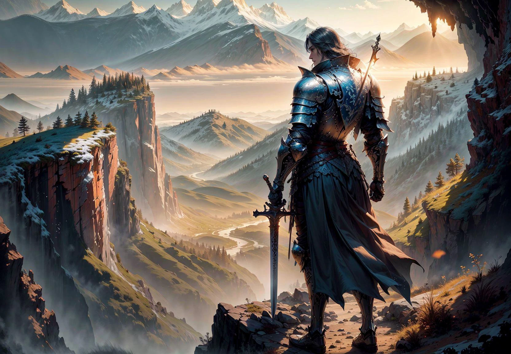 a knight standing on a cliff with a sword,
(weapon, armour, full armour),
mountains landscape in the background, river, sunrise, forest in the distance, summer time, fantasy style,
((masterpiece), (best quality), (ultra-detailed)) , <lora:details_more_details_butterfly:0.5>, <lora:knight:0.7>