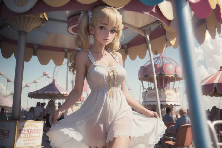 solo, masterpiece, best quality, medium shot of a cute European girl wearing a delicate lace sundress, blonde hair, hair ribbons, twin tails, (medium breasts), (Beach boardwalk, Amusement park, Ferris wheel, Carousel, Arcade, Roller coaster), bright