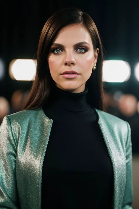 Portrait, cool looking fashion model, glamour fashion event, (Koh_BobbiStarr:0.99), closeup, wearing turtleneck jacket, intricate detail, dim lighting, detailed background, spotlight, stage, shiny glossy skin, subsurface scattering, glitter, Nikon D850 film stock photograph Kodak Portra 400 camera f1.6 lens, rich colors, lifelike texture, dramatic lighting, unreal engine, trending on ArtStation, cinestill 800 tungsten, modest clothing, SFW