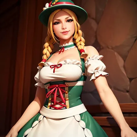 <lora:Heidi:0.6>, xyzheidi, 1girl, solo, breasts, looking_at_viewer, smile, blonde_hair, hat, dress, bare_shoulders, braid, choker, twin_braids, lips, corset, bloomers, green_headwear, german_clothes, dirndl