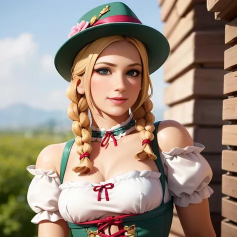 <lora:Heidi:0.4>, (realistic:1.5), xyzheidi, 1girl, solo, breasts, looking_at_viewer, smile, blonde_hair, hat, dress, bare_shoulders, braid, choker, twin_braids, lips, corset, bloomers, green_headwear, german_clothes, dirndl