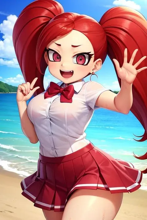 ultra-detailed, masterpiece, highest quality,shiny skin,wet skin,glossy skin,(la brava:1.5),mini skirt,pleated skirt,white shirt,school uniform,twin tails,red hair  pink eyes,long hair,smile,open mouth fangs,beach <lora:labrava2:1>